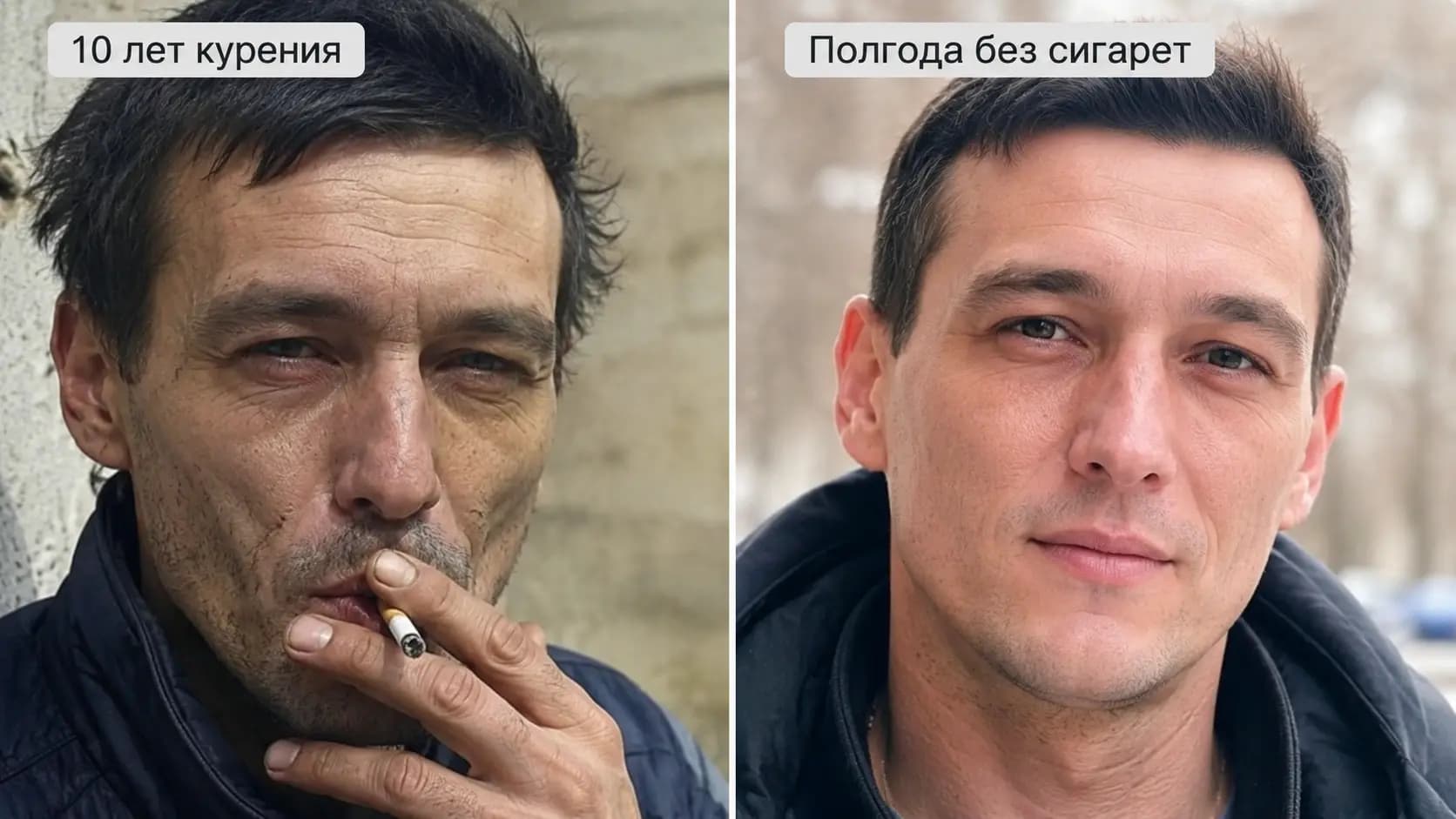 Алексей до отказа от сигарет и спустя полгода без них